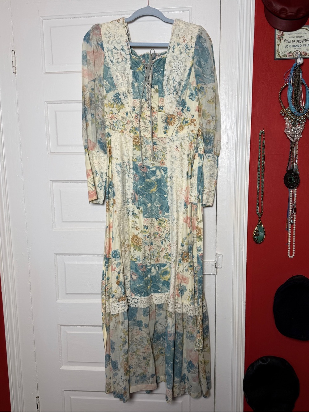 Vintage Vicky Vaughn Cream Floral Maxi Dress with Blue Accents